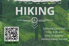 Poster advertising Buehler Trail hike. QR code for registration included